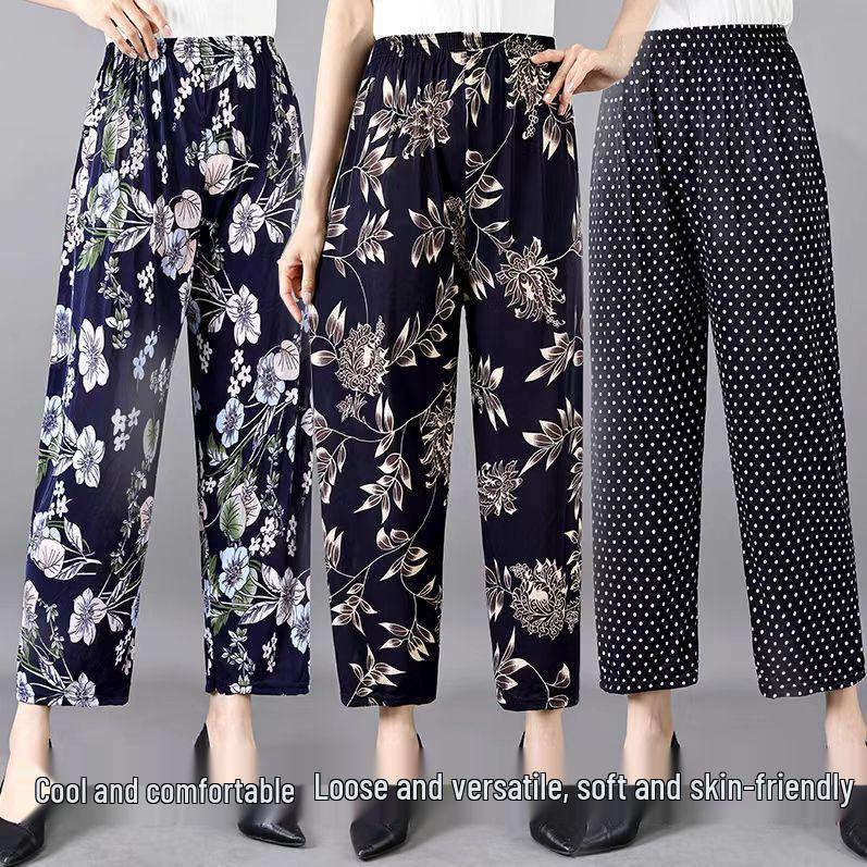 Summer Plus Size Ice Silk Stretch Straight Leg Pants - Loose Slimming High Waist for Women