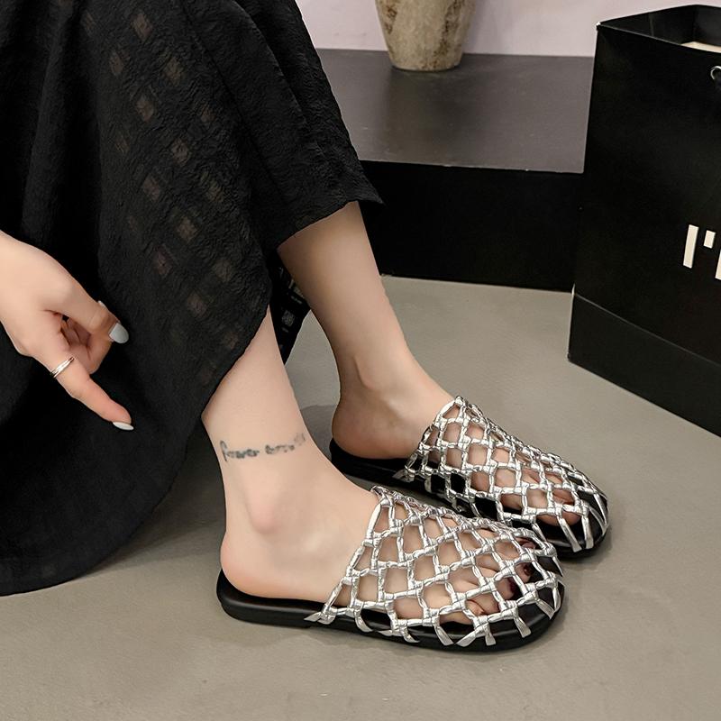 Women's Woven Mesh Breathable Flat Shoes Summer New Round Toe Shallow Mouth Soft Sole Anti-slip Wear-resistant Slippers