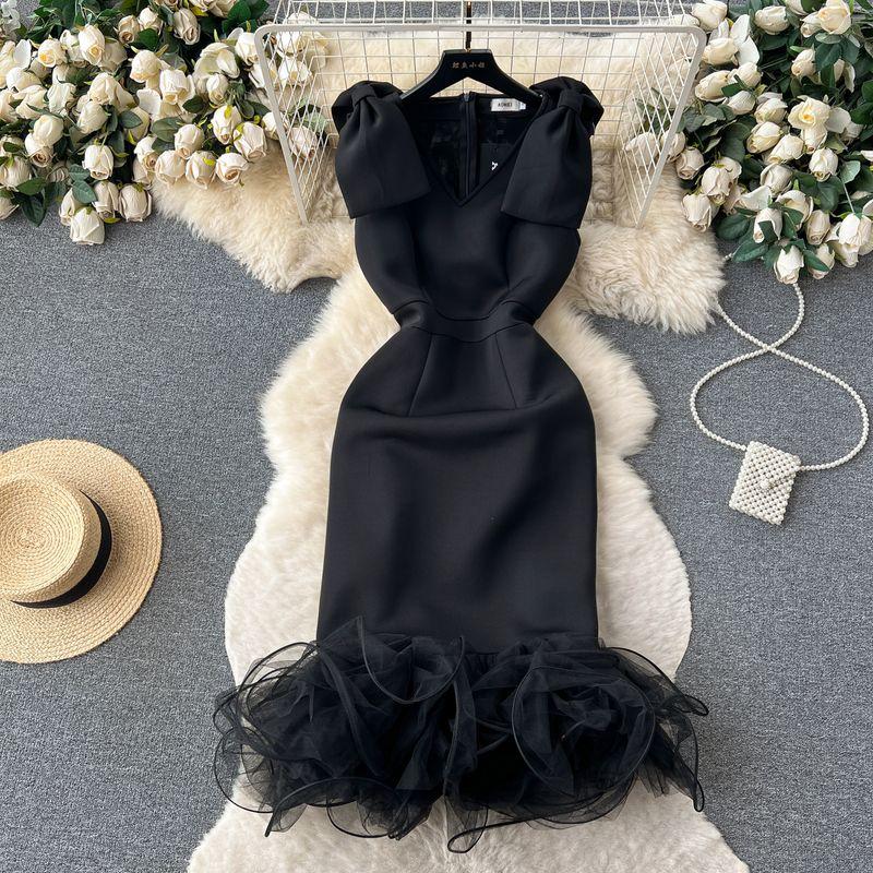 

Sexy V-neck Gauzy Package Hip Dress Bows Black S