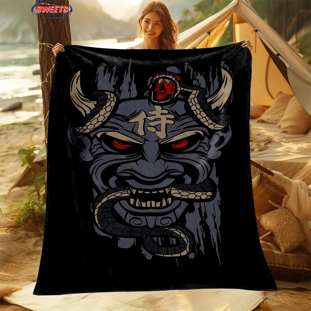 Classic Japanese Hannya Mask Flannel Blanket for Bed Bedroom Sofa Picnic, Warm Throw Blanket for Cover Outdoor Leisure Nap Gift