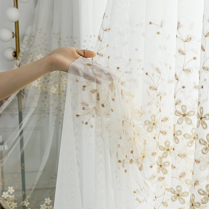 1pc Glam Embroidered Floral Grommet Top Curtain, Semi-Sheer Polyester Window Screen for Bedroom