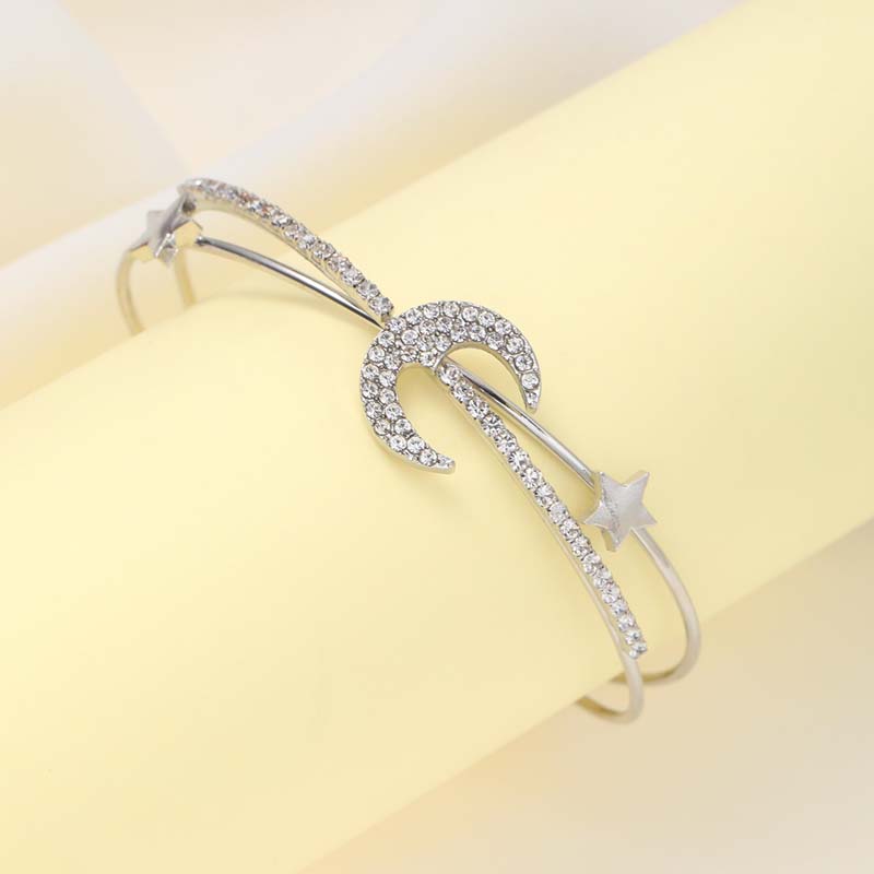 Fashion Double Layer Star Moon Cuff Bracelet For Women Simple Silver Color Crystal Hollow Geometric Bracelet Jewelry Gifts