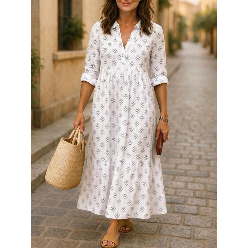 Summer Women s Leaf Print Collared Tiered Midi Dress Casual S белый