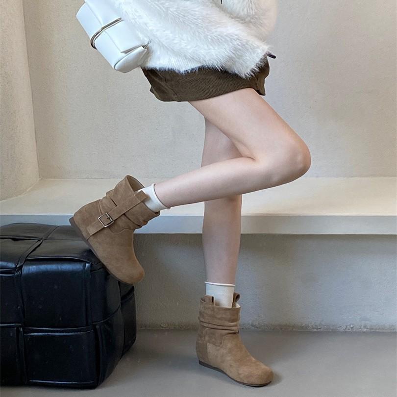 Korean version of round head handmade pleated stacking boots medium tube boots women's new sleeve thin thick heel western cowboy boots