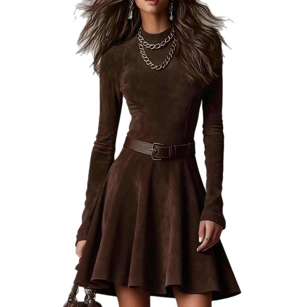 Elegantes einfarbiges Langarmkleid mit Gürtel - Herbst 2025 Kollektion