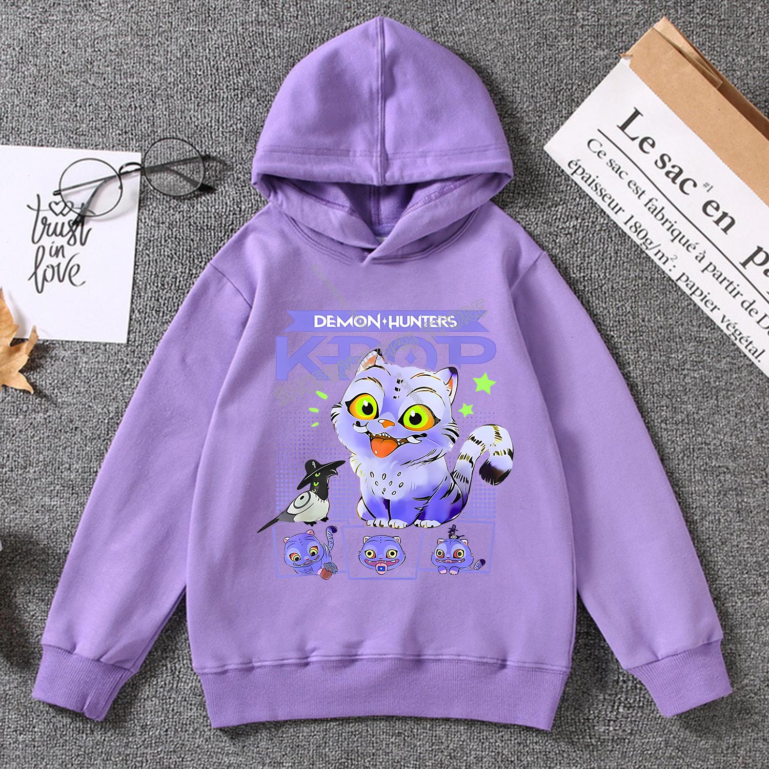 

KPop Demon Hunters Hoodie for Children Kawaii Cartoon Clothing Fashion Purple Hoody Clothes Anime Thin Sweatshirt Tops Kids Gift 160