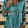 Top casual boho da donna con scollo a barca, cuciture traforate, stampa cachemire, manica 3/4, vestibilità ampia