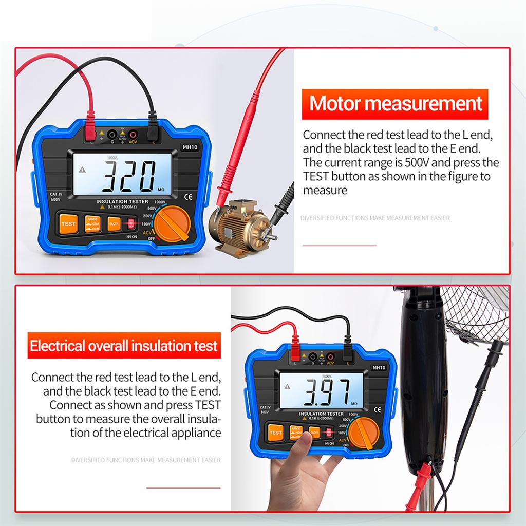 Insulation Resistance Tester 100VCelsius 250VCelsius 500VCelsius 1000V Resistance Tester with LCD Backlight Digital Display Screen