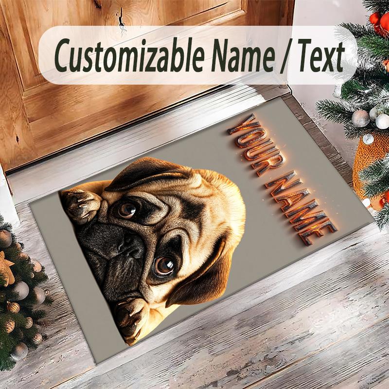 Pug Theme Crystal Velvet Floor Rug Personalized Custom Name Text Warm Carpet Home Decoration