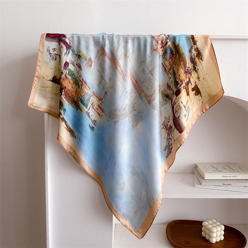 Grid color matching horse 71cm small square scarf imitation silk scarf headscarf printed neck protection scarf professional scarf scarf scarf