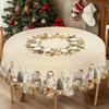 1 Piece Of Christmas-Themed Gold-Printed Tablecloth, Vintage Country Farmhouse Style, Featuring Santa Claus, Snowman, Reindeer, And Christmas Tree Des