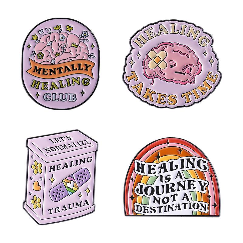 Inspirierende Zitate für psychische Gesundheit Emaille-Pins Mentally Healing Club Heilung braucht Zeit Lustige Gehirn-Pflaster Abzeichen Schmuck Geschenke