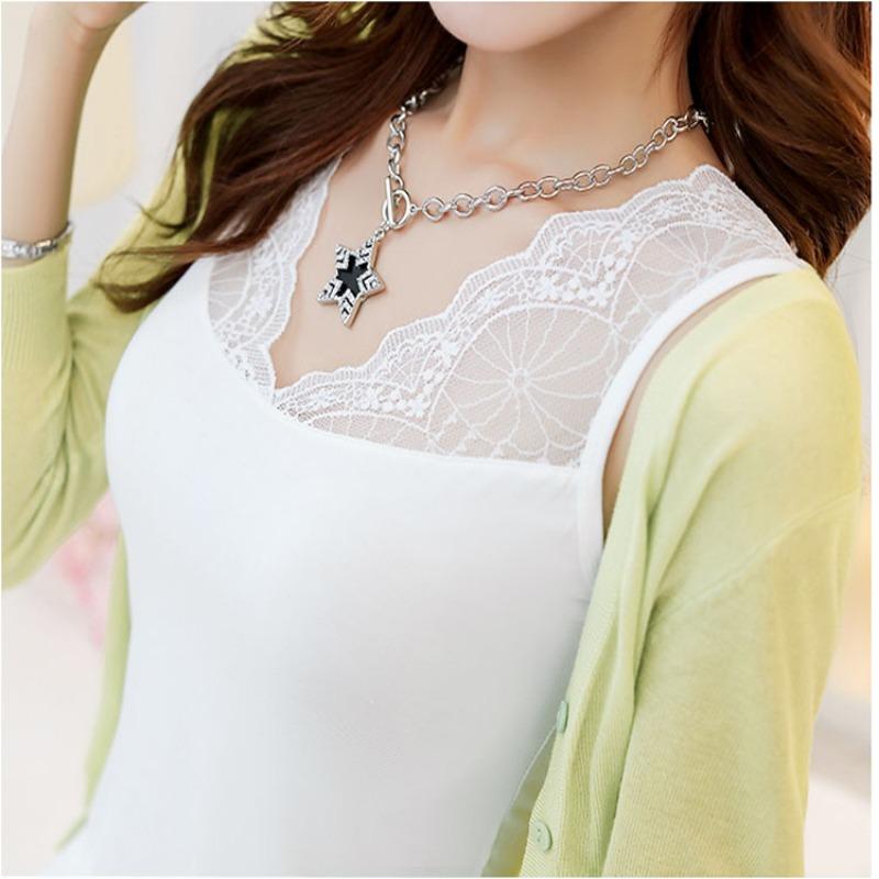 Women V Neck Floral Lace Trim Sleeveless Camisole Slim Fit Basic Tank Top M белый