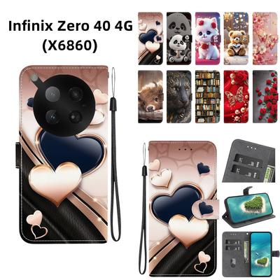 Handmade PU Leather Flip Case for Infinix Zero 40 4G (X6860) Anti-Slip Shockproof Cover with Wrist Strap & Heart/Rose Cat Designs