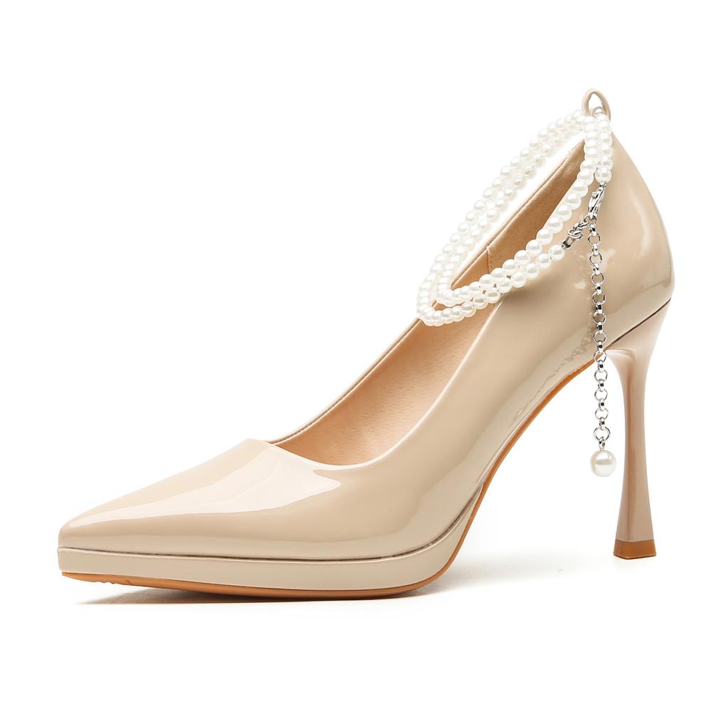 Patent Leather Waterproof Table High Heels Fairy Fairy Temperament Pearl Word with Light Mouth Thin Heel Not Tired Feet Single Shoes