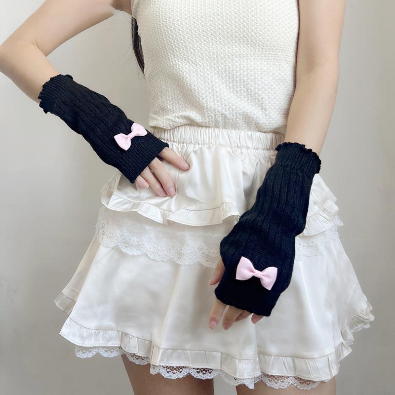 Lovely Knitted Bowknot Half Finger Gloves Sweet Girl Arm Sleeves Hand Warm Elastic Decorated Handcuffs Party Accessories