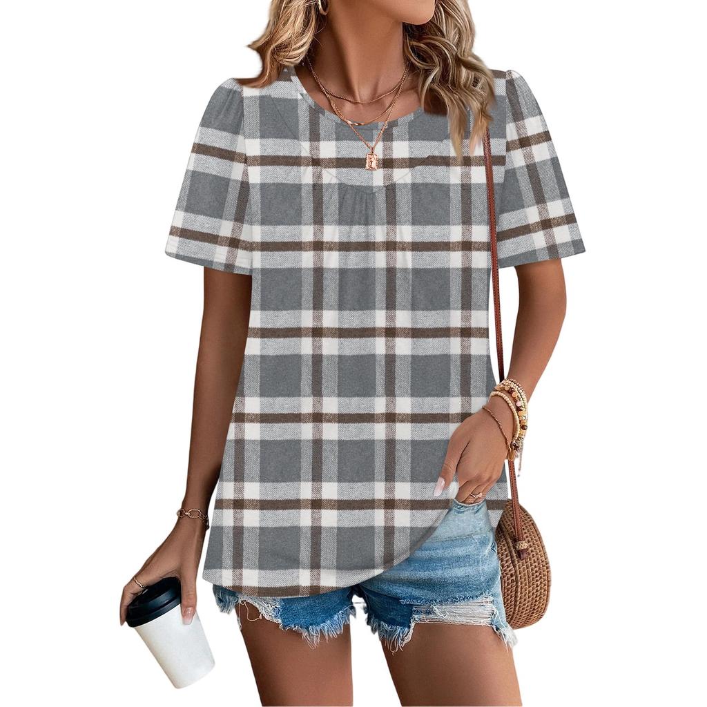 Damen Casual Mode Rundhals Kariert Bedruckt Plissiert Kurzarm T-Shirt Top