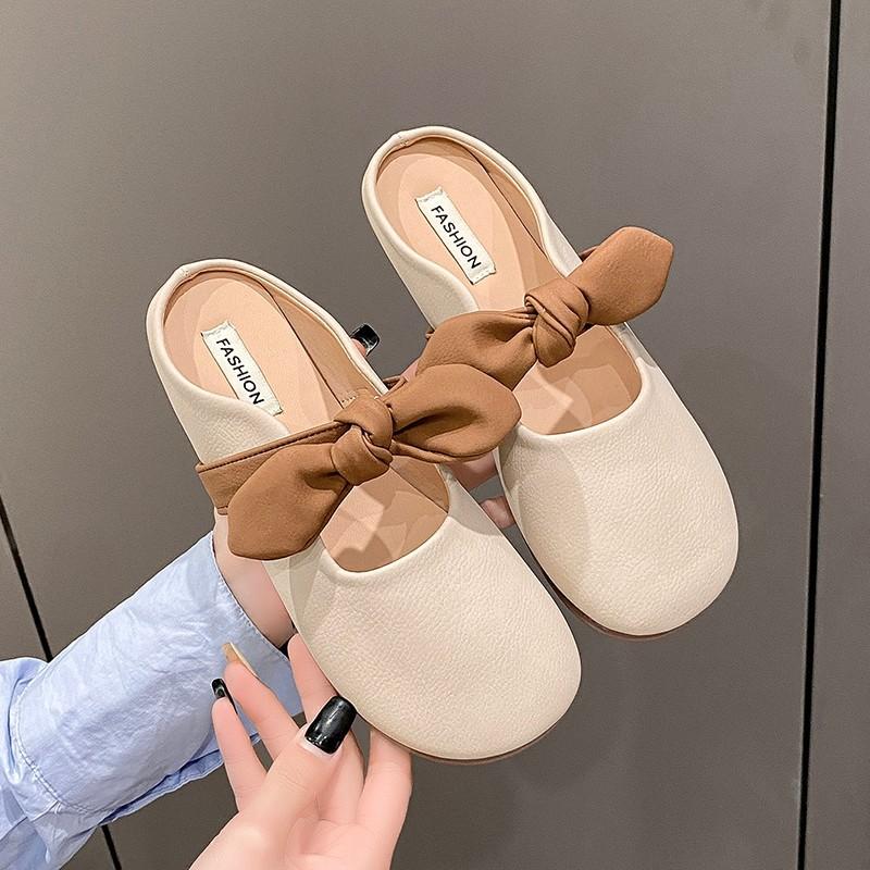French bag head half slippers outer wear women's 2024 spring and summer bow flat bottom non-slip one pedal casual slippers