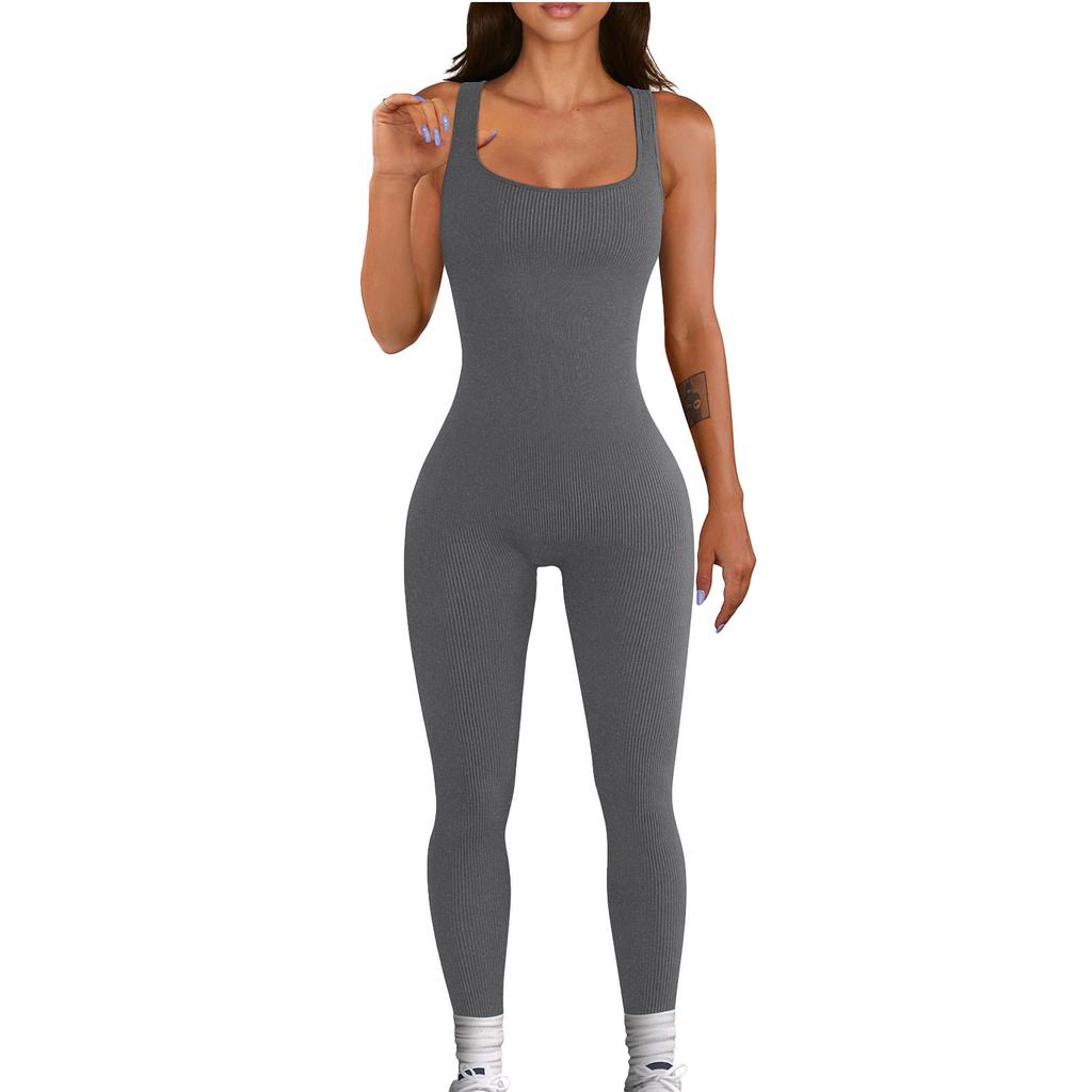 Women's Square Neck Sleeveless Ribbed Bodysuit Slim Fit Mid Rise Casual Athleisure Jumpsuit