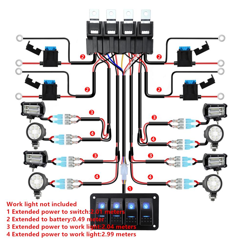 12V 16AWG 4-Gang LED Light Bar Wiring Harness Kit 720W Relay Fuse