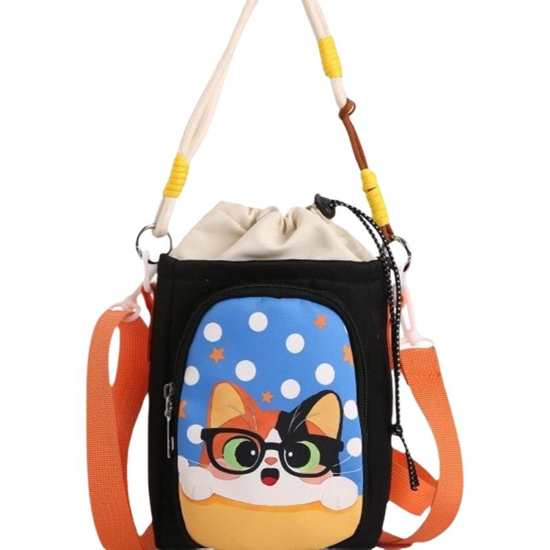 Cute Cartoon Print Water Bottle Bag Women's Commuter Satchel Soft Polyester Material Zipper Closure Vertical Shape Storage Bag