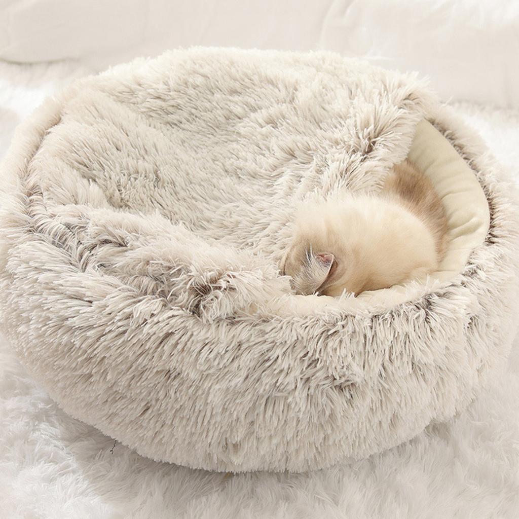 Yuvarlak Kapşonlu Kedi Yatağı Kış Tüylü Evcil Hayvan Yatağı Mağara Peluş Donut Sakinleştirici Kedi Yuvası Yatağı Kediler ve Köpekler için Rahat Evcil Hayvan Yuvası