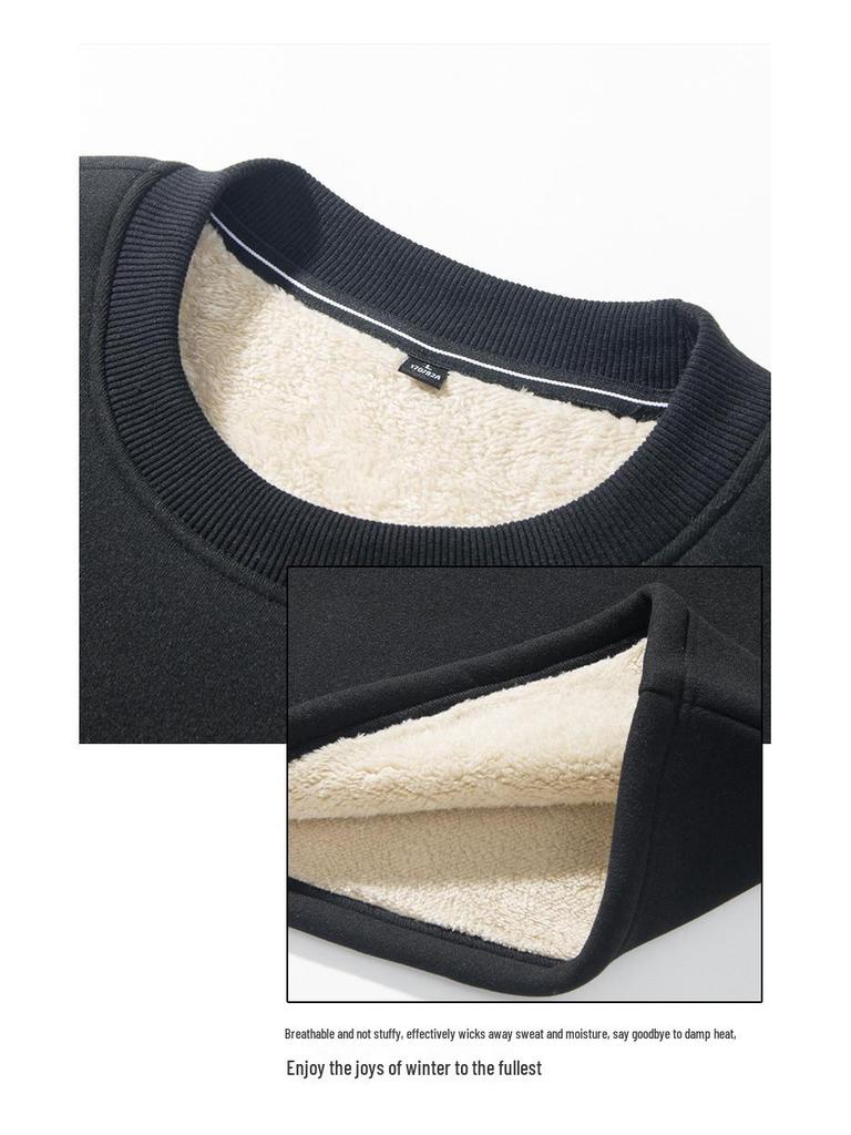 Men's Lambswool Round Neck Hoodie, Velvet-Lined, Thick, Long Sleeve, Warm Winter Top, No Hood