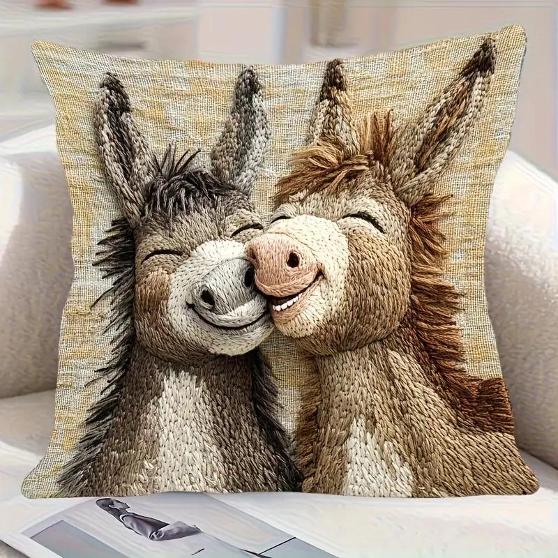 Cute Cartoon Donkey Kiss Pillow Cover with Zipper Closure In Soft Beige