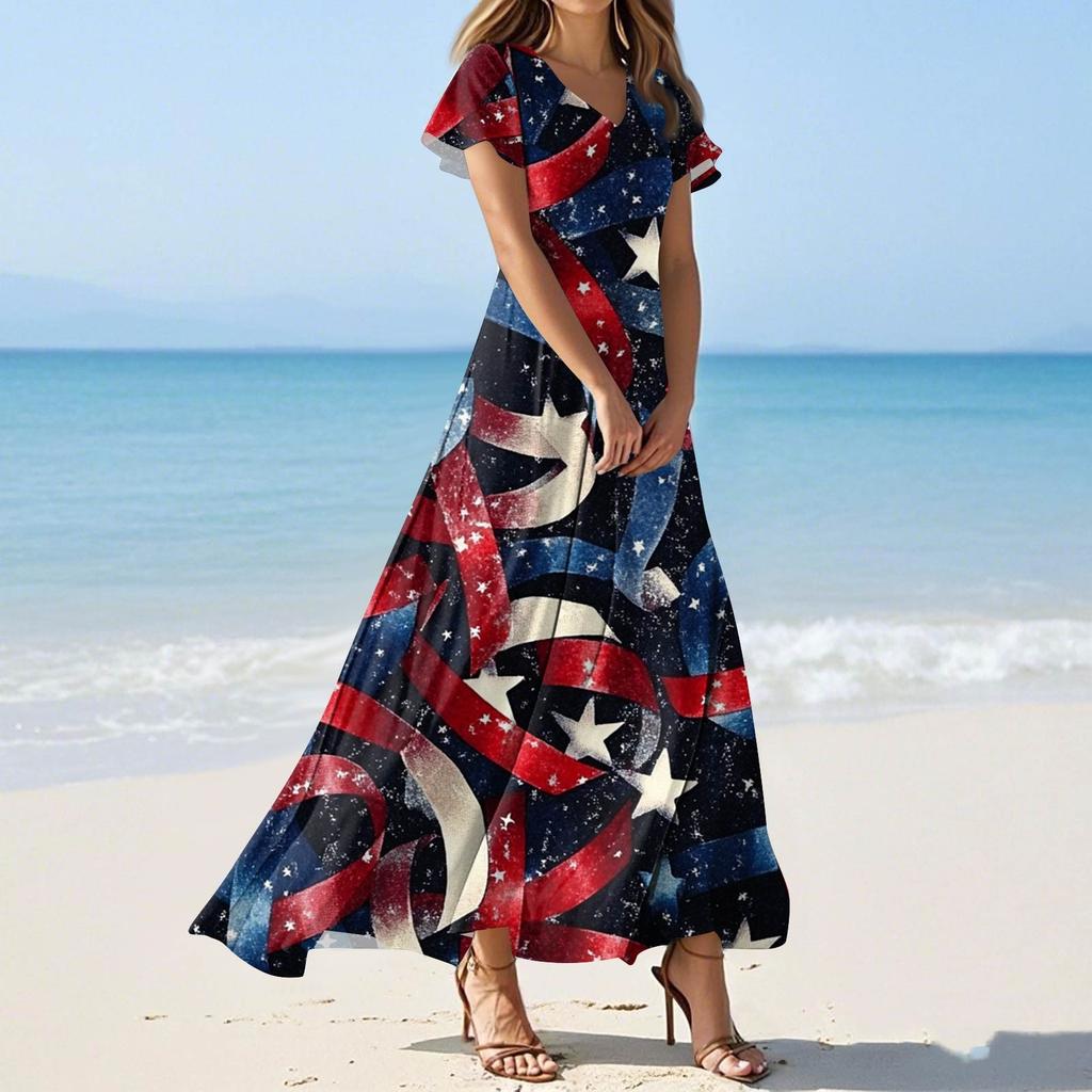 Women's Summer Casual Fashion Print Color Dresses V-Neck Short Sleeve Dresses