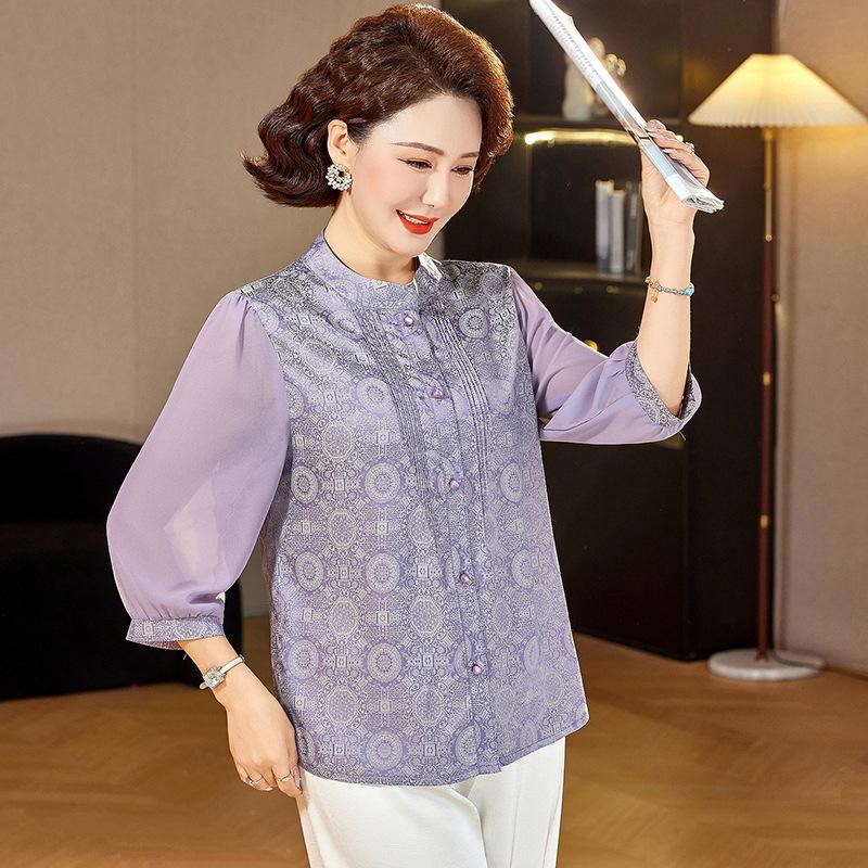 Elegant Chinese-Style Summer T-shirt for Young Mothers and Elderly Women