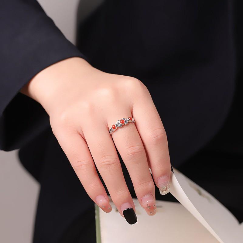 Adjustable Open Ring With Red Agate Wheat Motif Minimalist Vintage Boho Jewelry Women Men