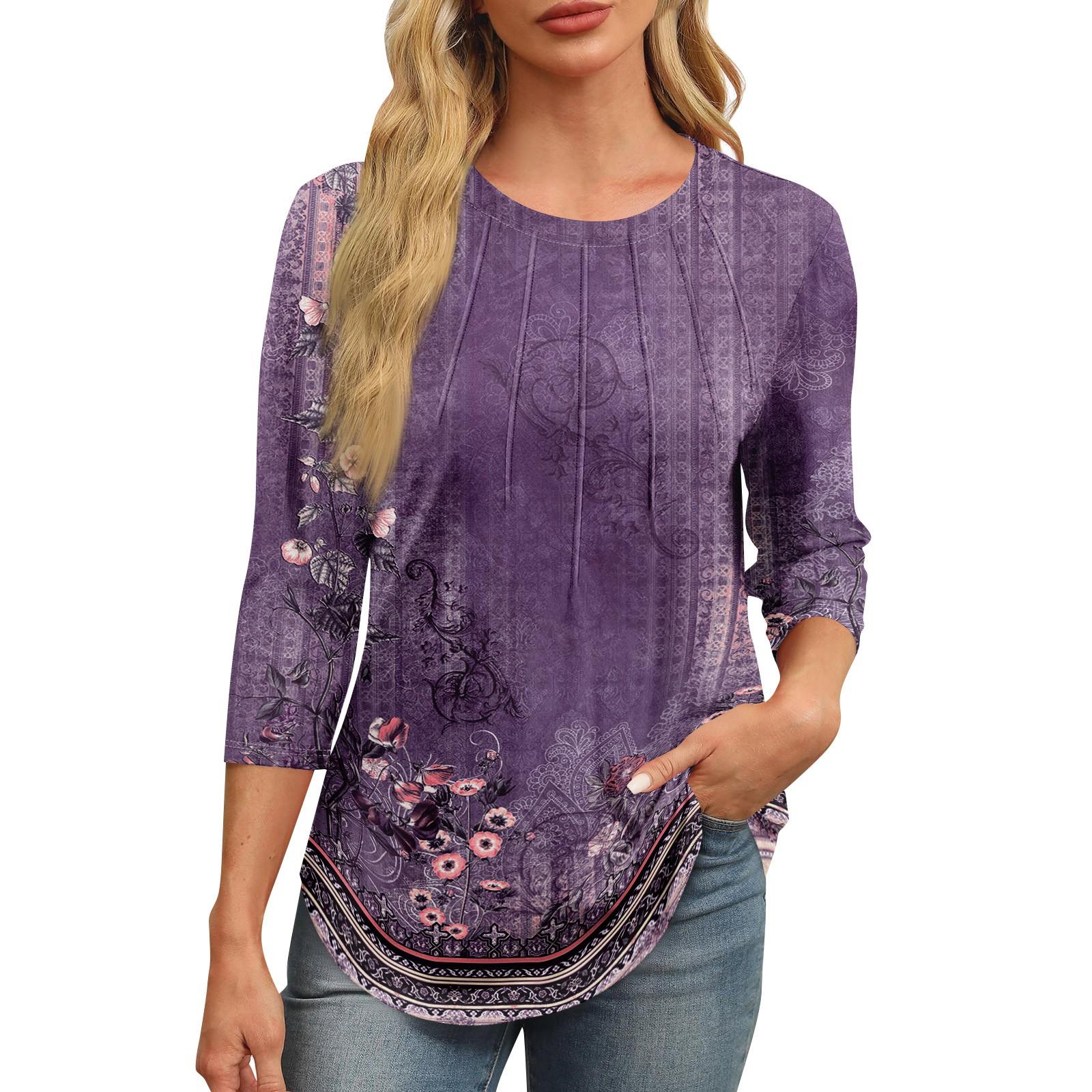 

Женская модная футболка с круглым вырезом и рукавом 3/4 с принтом, повседневная, базовая, плиссированная, пуловер XXXL фиолетовый