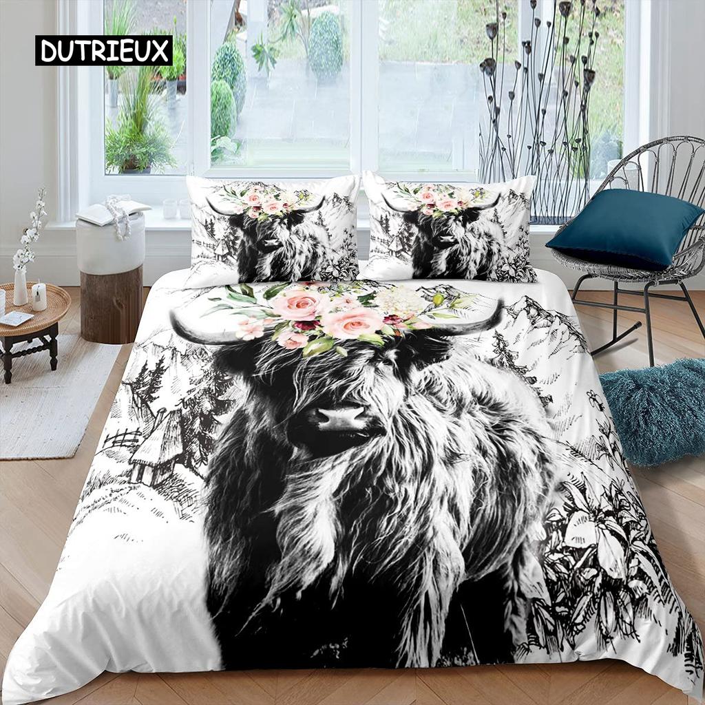Highland Cow Duvet Cover King Sunflower Black Cattle Bedding Set Microfiber Farm Animal Cow Western Farmhouse Cattle Quilt Cover