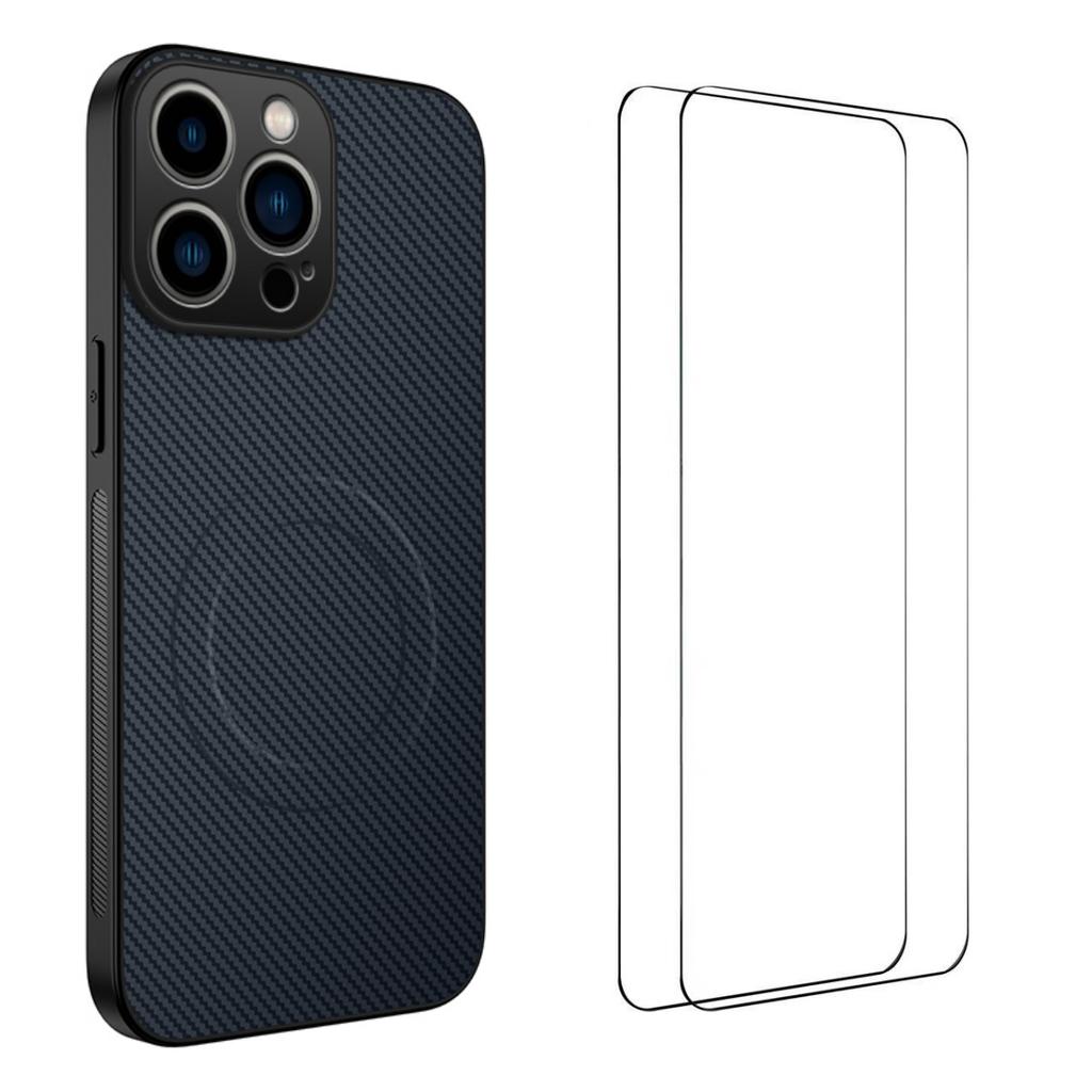 For iPhone 16 Pro Magnetic Case WANLONFENG TQ1 Series Carbon Fiber Texture PC TPU Phone Cover with 2Pcs Screen Films