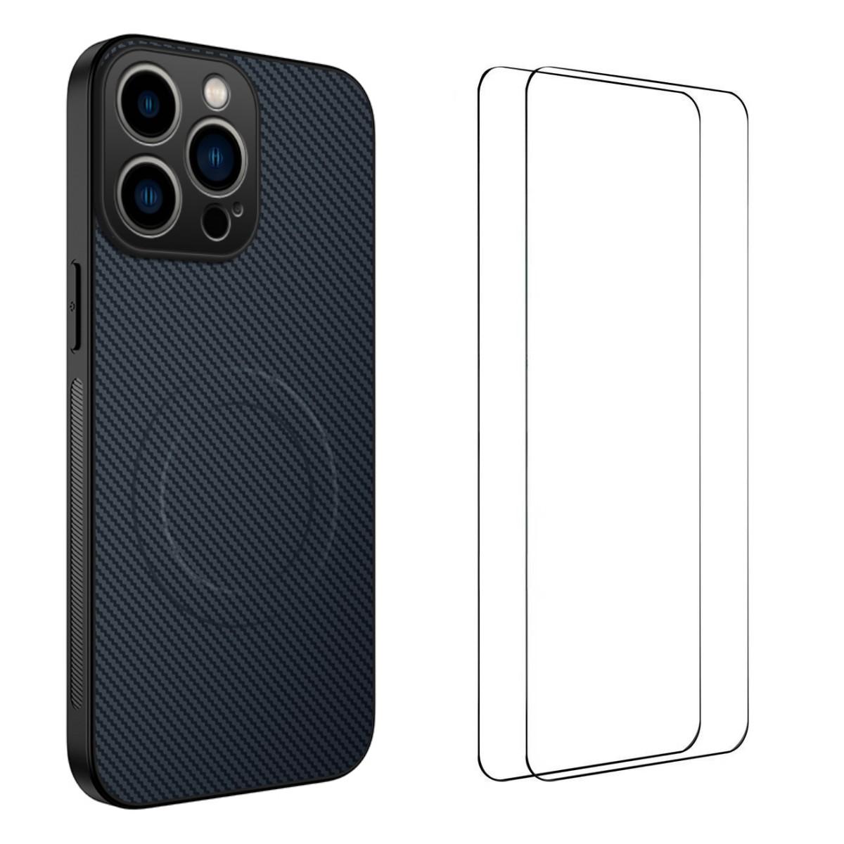 

For iPhone 15 Pro Magnetic Case WANLONFENG TQ1 Series Carbon Fiber Texture PC TPU Phone Cover with 2Pcs Screen Films