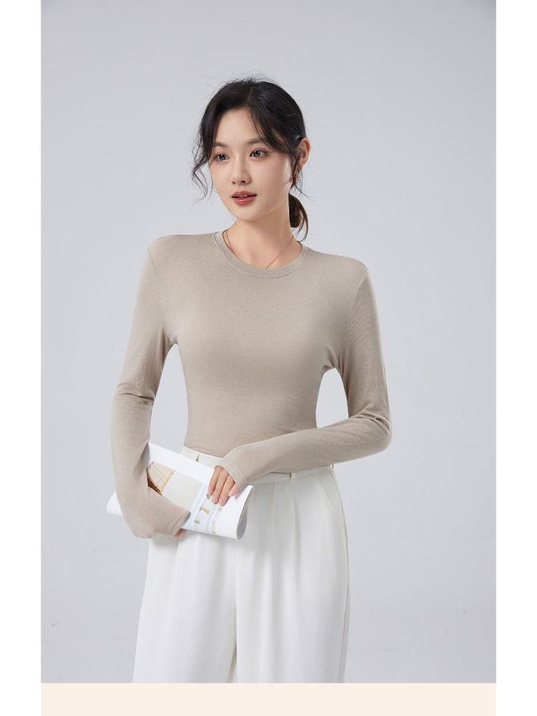 New Autumn/Winter Modal Wool Crew Neck Base Layer Top - White Long Sleeve Shirt