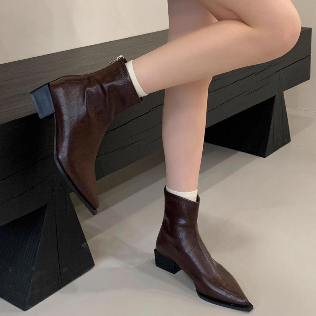 Pointed short boots women's thick heel retro Chelsea boots 2025 new Martin boots British style fashion medium heel thin boots