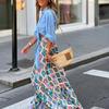 Ladies Skirt Colorful Rhombus Print High Waist Bohemian A-line Big Hem Patchwork Ruffle Drawstring Beach Maxi Skirt