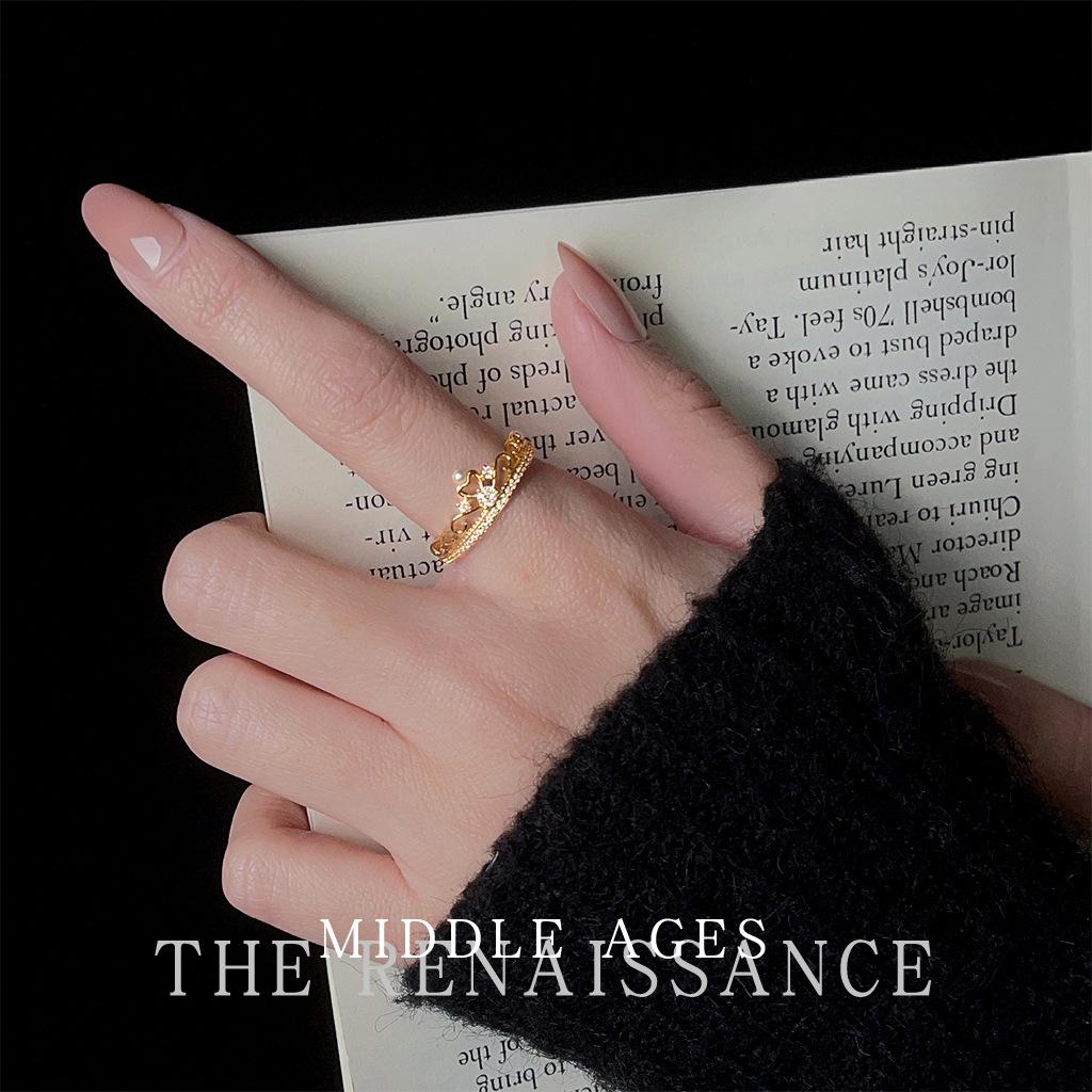 Medieval style crown zircon pearl ring niche light luxury elegant retro literary jewelry