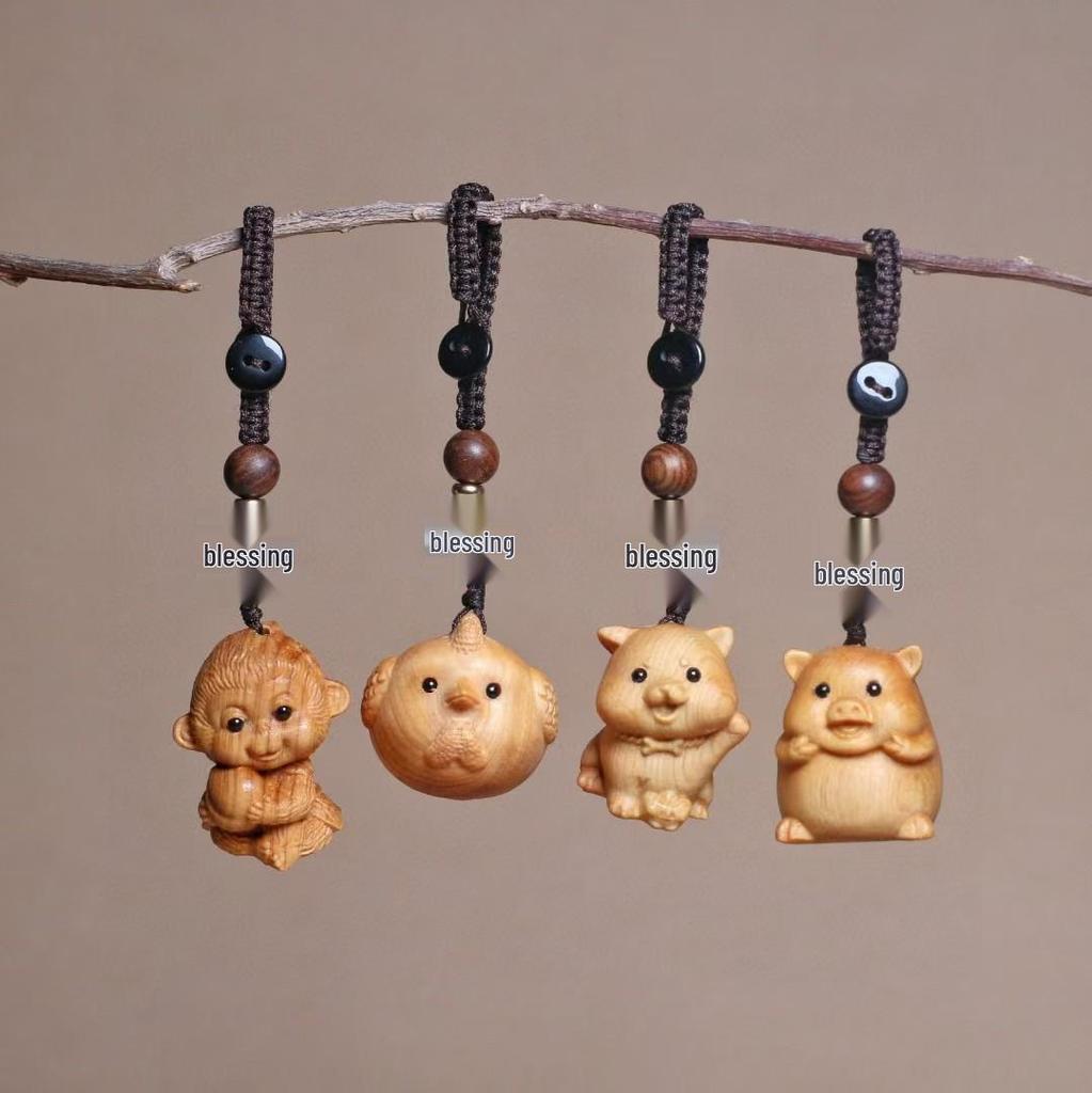 Golden Sandalwood Zodiac Animal Carving Keychain - Solid Wood Cultural Craft