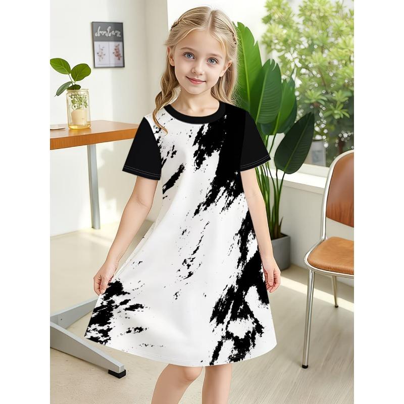 Dress for Girls Tie-Dye Multicolor Graffiti 3D Print Round Neck Colorful Dress Casual Summer Short Sleeve
