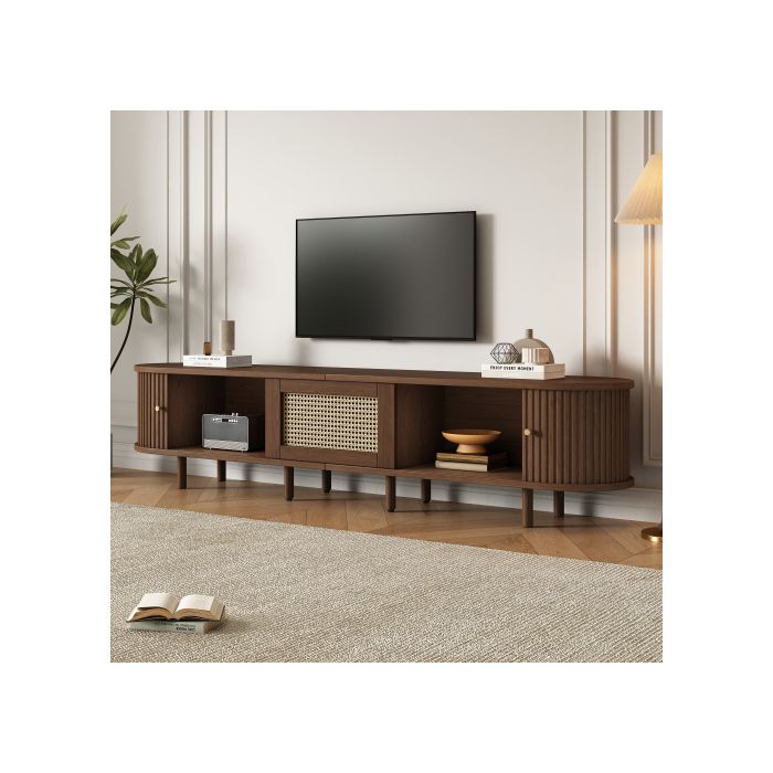 Ovaler TV-Ständer aus dunklem Nussbaumholz, Rattandesign - 180 cm MDF-Design, verstellbare Füße, Tragfähigkeit 30 kg