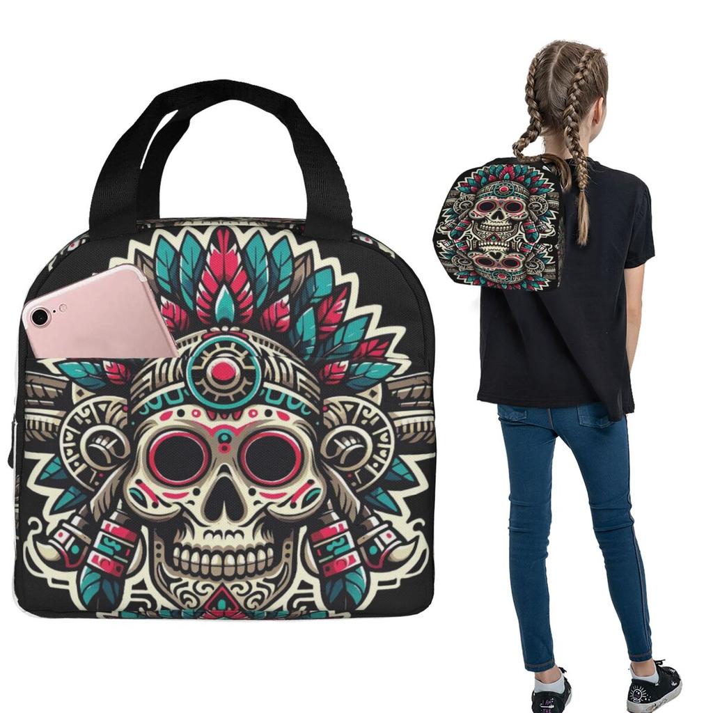Aztec Skull With Plume Insulated Lunch Bag for Women Kids Portable Food Boxes Thermal Lunch Box Tote