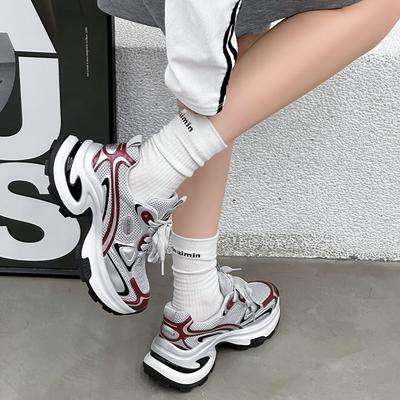 Thick-soled Heightening Dad Shoes Women's Spring New Color Matching Leather Comfortable and Breathable Casual Sports Running Shoes