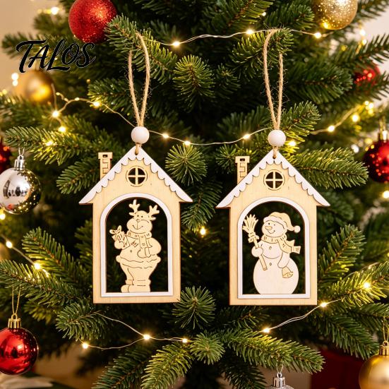 Rustic Christmas Garland Decor Wooden House Snowman/Reindeer Hanging Ornament, DIY Xmas Pendant with Farmhouse Hemp Rope for Home Window & Holiday