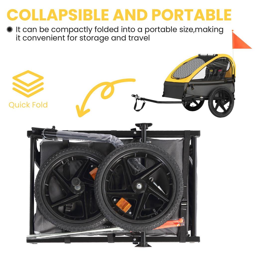 Sepnine Kids Bike Trailer, Suitable for 1 To 2 Kids, 12+ Months, Quick Attach To Bike, Foldable, with 5-Point Harness and Storage Bags