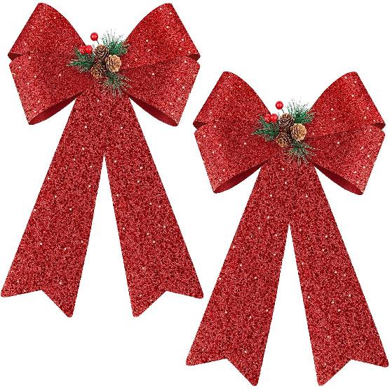 MCEAST 2 Pack Red Christmas Bows 12 X 18 Inches Xmas Wreaths Garland Bows with Pinecones for Christmas Tree Ornaments Sets Indoor Outdor Decoration