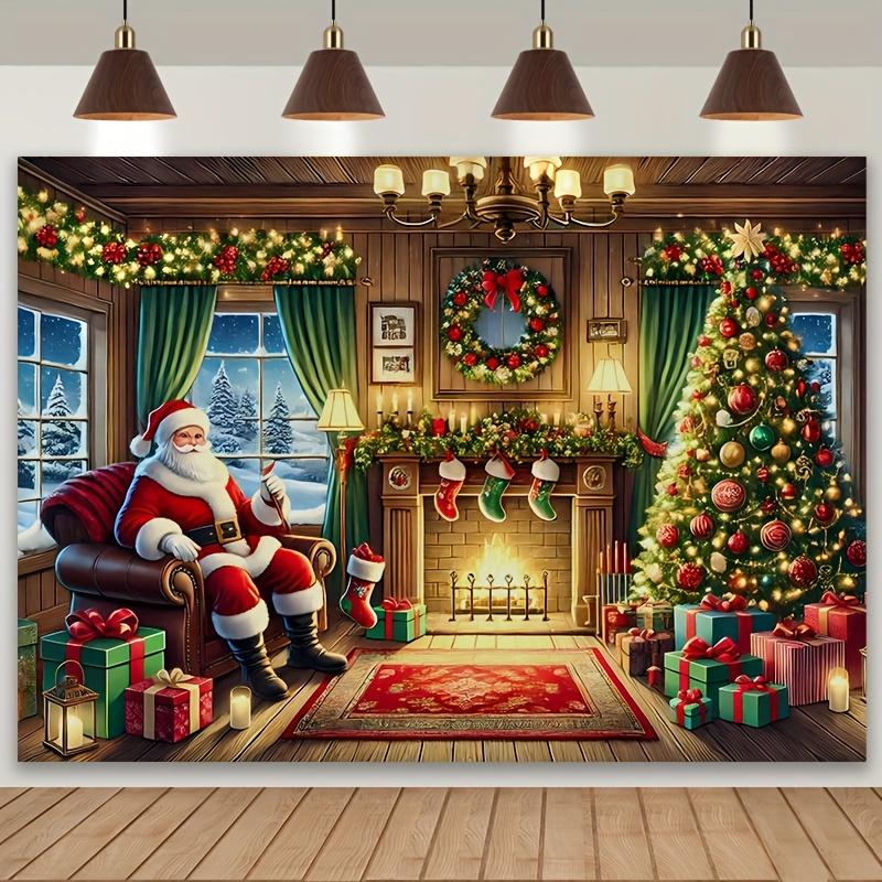Santa Claus Christmas background with vintage fireplace - holiday party office decoration and live streaming