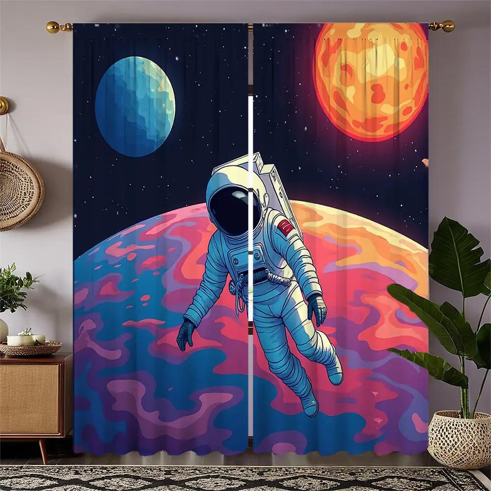 2pcs Space Astronomy Curtain Panels - Astronaut Floating in Cosmic Scene with Planets & Sun, Semi-Sheer Window Drapes for Living 60×150