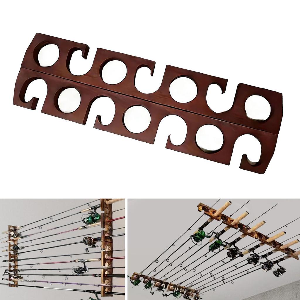Fishing Rod Holder Pole Rack Wall or Ceiling Mounted Solid Wood Shelf Horizontal Hook